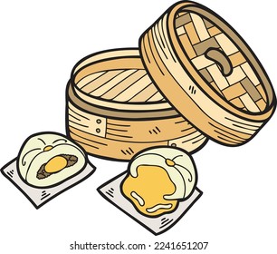 Hand Drawn steamed bun with bamboo tray Chinese and Japanese food illustration isolated on background