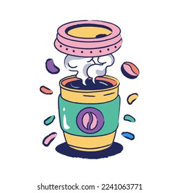 hand drawn steaming open cup of coffee
