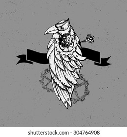 Hand drawn steampunk bird with black ribbons behind, t-shirt design, dusty background