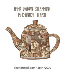 Hand drawn steampunk mechanical teapot. Vector illustration of metal kettle with gears, nuts, screws and mechanisms. Machinery tableware vintage design element