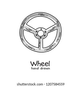 Hand drawn steering wheel on white background, vector illustration.