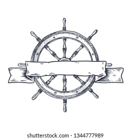 Hand drawn steering wheel with ribbon. Vector isolated objects.