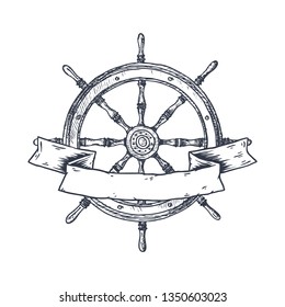 Hand drawn steering wheel with ribbon. Vector isolated objects.