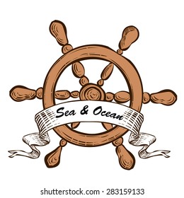 Hand drawn steering wheel. Vintage vector illustration.