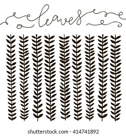 Hand drawn stem with leaves in black and white colors. Hand-written leaves lettering phrase. Hand drawn doodles.