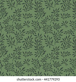 Hand drawn stems with leaves pattern on green background