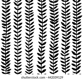 Hand drawn stems with leaves pattern in black color on white background