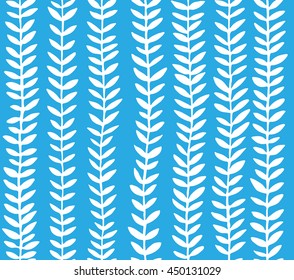 Hand drawn stems with leaves in whire color on azure background