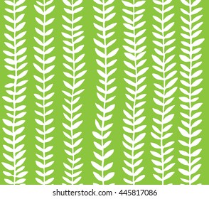 Hand drawn stems with leaves in white color on green background