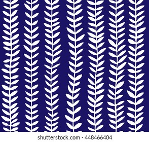 Hand drawn stems with leaves in white color on blue background