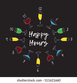 Hand drawn stemware. Happy Hours - stock vector