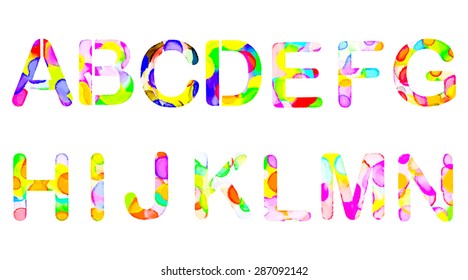 Hand drawn stencil watercolor artistic font, letters A-N