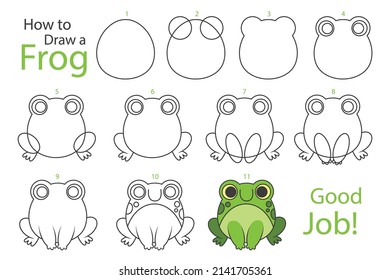 hand drawn step by step drawing frog illustration