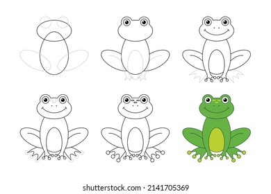 hand drawn step by step drawing frog illustration