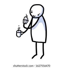 Hand drawn stick figure with afternoon tea muffin and coffee. Concept of cafe baked treat hot drink illustration. Simple icon motif. Crockery, domestic, lineart clip art. Vector EPS 10. 