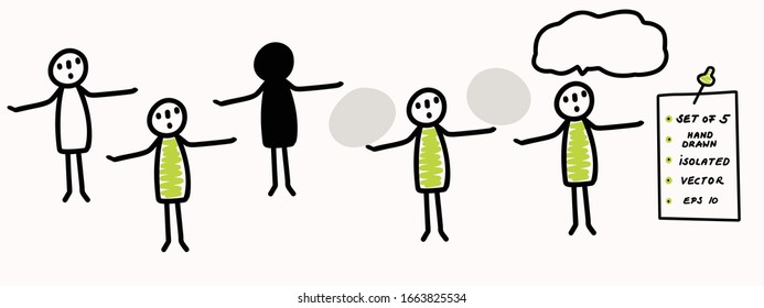 Hand Drawn Stick Figure Arms Wide Open Pose. Concept Vote, Decision, Weighing Up Choice. Simple Vector Stickman Line Art Icon. Symbol Sign Illustration. Isolated Set Of 5 In Simple Crayon Doodle Color