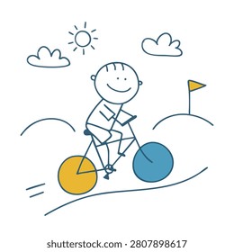 A hand drawn stick figure character happily riding a bicycle with yellow and blue wheels against a simple doodle background