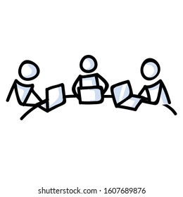 Hand Drawn Stick Figure Colleagues Working at Desk. Concept Business Laptop Brainstorming. Simple Icon Motif of Group Communication for Executive Team. Talking, Seminar Illustration. Vector EPS 10. 