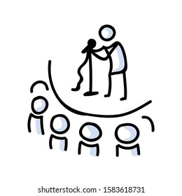 Hand Drawn Stick Figure Comedy Performer on Stage. Concept of Theatre Audience Actor. Simple Icon Motif for Audience Pictogram. Voice, Speech, Stand up, Singer Bujo Illustration. Vector EPS 10. 