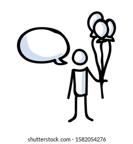 Hand Drawn Stick Figure Holding Balloon Bouquet. Concept of Floating Party Decoration. Simple Icon Motif for Speech Bubble Pictogram. Birthday, Childhood, Amusement Bujo Illustration. Vector EPS 10. 