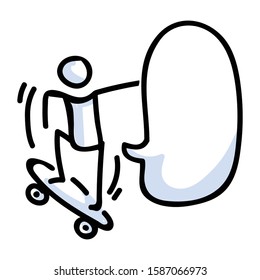 Hand Drawn Stick Figure Jumping on Skateboard. Concept of Stunt Sport Activity. Simple Icon Motif for Teen Fun Skateboarder Tricks. Jump, Ride, Speech Bubble Bujo Illustration. Vector EPS 10. 