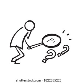 hand drawn stick figure magnifying glass and looking through it at interrogation points. Concept of frequently asked questions, query, investigation, search for information. doodle