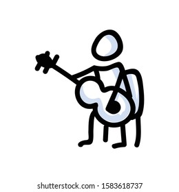 Hand Drawn Stick Figure Playing Guitar. Concept of Musical Instrument Performer. Simple Icon Motif for Entertainment Music Pictogram. Guitarist, Folk, Festival, Karaoke Illustration.Vector EPS 10.