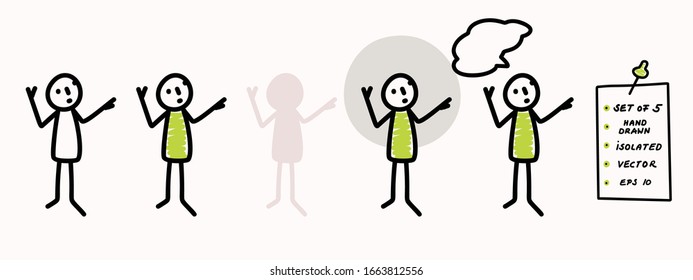 Hand drawn stick figure pondering pose. Concept of lecture, explanation or talk. Simple vector stickman line art icon. Symbol sign with speech bubble. Isolated set of 5 in simple crayon doodle color.
