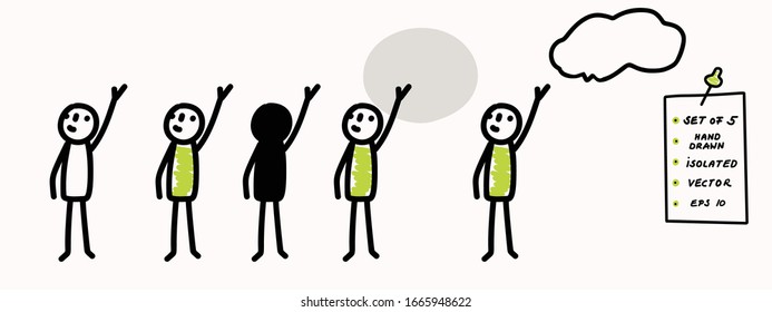 Hand drawn stick figure pondering pose. Concept of lecture, explanation or talk. Simple vector stickman line art icon. Symbol sign with speech bubble. Isolated set of 5 in simple crayon doodle color.