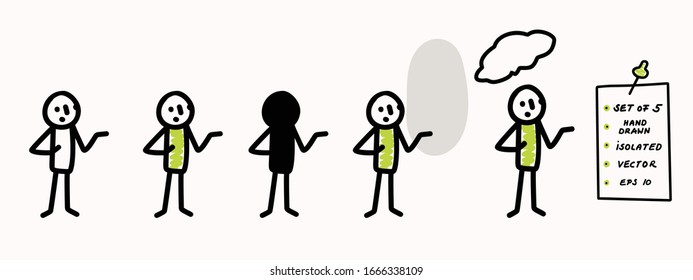 Hand drawn stick figure pondering pose. Concept of lecture, explanation or talk. Simple vector stickman line art icon. Symbol sign with speech bubble. Isolated set of 5 in simple crayon doodle color.