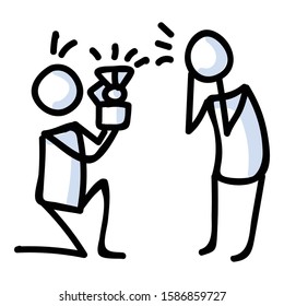 Hand Drawn Stick Figure Proposal Pose. Concept of Marriage Engagement Expression. Simple Icon Motif for Love Romantic Marry Communication. Popose, Ring, Valentine, Date Bujo Illustration. Vector EPS.
