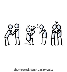 Hand Drawn Stick Figure Proposal and Hug. Concept of Marriage Engagement Expression. Simple Motif for Love Romantic Marry Communication. Popose, Ring, Valentine, Date Bujo Illustration. Vector EPS.