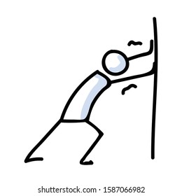 Hand Drawn Stick Figure Pushing Wall Pose. Concept of Physical Struggle Expression. Simple Icon Motif for Posture Achievement against Wall. Obstacle, Arms, Push Bujo Illustration. Vector EPS 10. 