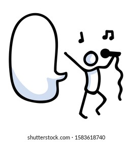 Hand Drawn Stick Figure Singer Performer. Concept of Speech Bubble. Simple Icon Motif For Musical Stage Entertainer with Microphone. Karaoke, Media, Music Bujo Illustration. Vector EPS 10. 