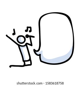 Hand Drawn Stick Figure Singer Performer. Concept of Concert with Microphone. Simple Icon Motif For Musical Speech Bubble with Microphone. Karaoke, Media, Music Bujo Illustration. Vector EPS 10. 