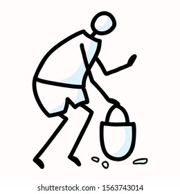 Hand Drawn Stick Figure Trash Collecting. Concept of Clean Up Earth Day. Simple Icon Motif for Environmental Earth Day, Volunteer Clipart, Eco Rubbish Recycling Awareness Illustration. Vector Eps 10