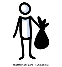 Hand Drawn Stick Figure Trash Collecting. Concept of Clean Up Earth Day. Simple Icon Motif for Environmental Earth Day, Volunteer Clipart, Eco Rubbish Recycling Awareness Illustration. Vector Eps 10