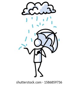 Hand Drawn Stick Figure with Umbrella in Rain. Concept of Storm Shelter Expression. Simple Icon Motif Raindrop Communication. Nature, Cloud, Thunder, Holding Bujo Illustration. Vector EPS 10. 