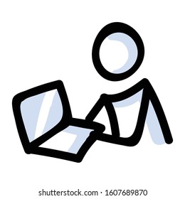 Hand Drawn Stick Figure Using Laptop. Concept of Business Work in Office Expression. Simple Icon Motif for Online Technology. Brainstorming, Screen, Modern Bujo Illustration. Vector EPS 10. 