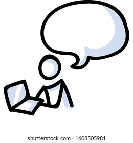 Hand Drawn Stick Figure Using Laptop Computer. Concept of Business Work in Office Speech Bubble. Simple Icon Motif Online Technology. Brainstorming, Screen, Modern Bujo Illustration. Vector EPS 10. 