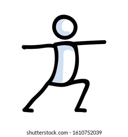 Hand Drawn Stick Figure Warrior Yoga Pose. Concept of Stretching Excercise for wellness Illustration. Simple Icon Motif of Relax Fitness Workout. Energy, Mind, Peace, Chakra Clip Art. Vector EPS 10. 
