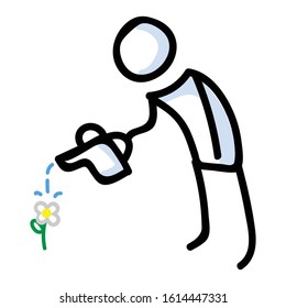 Hand drawn stick figure watering daisy. Concept of gardening growing flowers for yard work illustration. Simple icon motif of watering can yard work. Field, grow, garden. Vector EPS 10. 