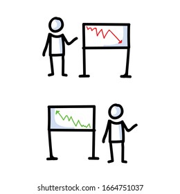 Hand Drawn Stick Figures Business Growth and loss Chart. Concept of Finance Report Expression. Simple Incon Motif for Stock Money Economic Forecast. Investment Bujo Illustration. Vector EPS 10. 