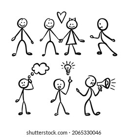 Hand drawn stick figures collection. Doodle people isolated on white background. Vector illustration.