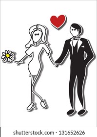 Hand drawn stick figures, Couple in love at wedding