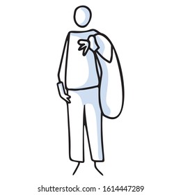 Hand drawn stick figures holding rubbish bag. Concept of clean up earth. Simple icon motif for environmental earth day, volunteer clipart, recycling illustration. Vector EPS 10. 