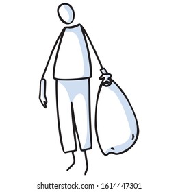 Hand drawn stick figures holding trash bag. Concept of clean up earth day. Simple icon motif for environmental earth day, volunteer clipart, recycling illustration. Vector EPS 10. 