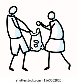 Hand Drawn Stick Figures Trash Collecting. Concept of Clean Up Earth Day. Simple Icon Motif for Environmental Earth Day, Volunteer Clipart, Eco Rubbish Recycling Teamwork Illustration. Vector Eps 10