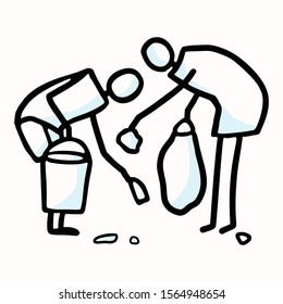 Hand Drawn Stick Figures Trash Collecting. Concept of Clean Up Earth Day. Simple Icon Motif for Environmental Earth Day, Volunteer Clipart, Eco Rubbish Recycling Teamwork Illustration. Vector Eps 10
