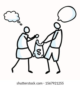 Hand Drawn Stick Figures Trash Collecting with Speech Bubbles. Concept of Clean Up Earth Day Communication. Comic Icon Motif for Environmental Earth Day, Volunteer Clip Art Illustration. Vector Eps 10